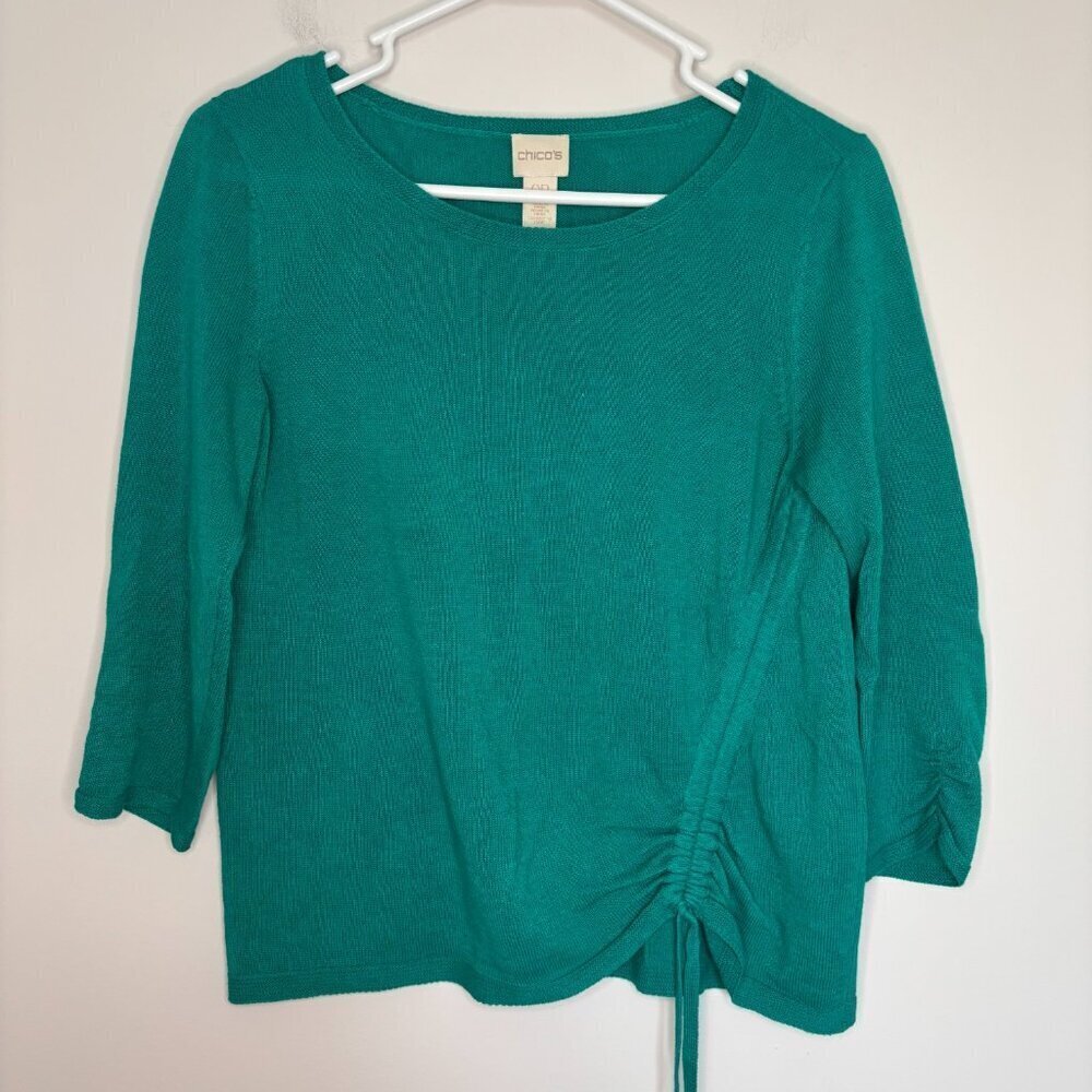 CHICO'S Long Ruched Sleeve Drawstring Knit Sweater Womens S Petite Green Stretch - Picture 5 of 6